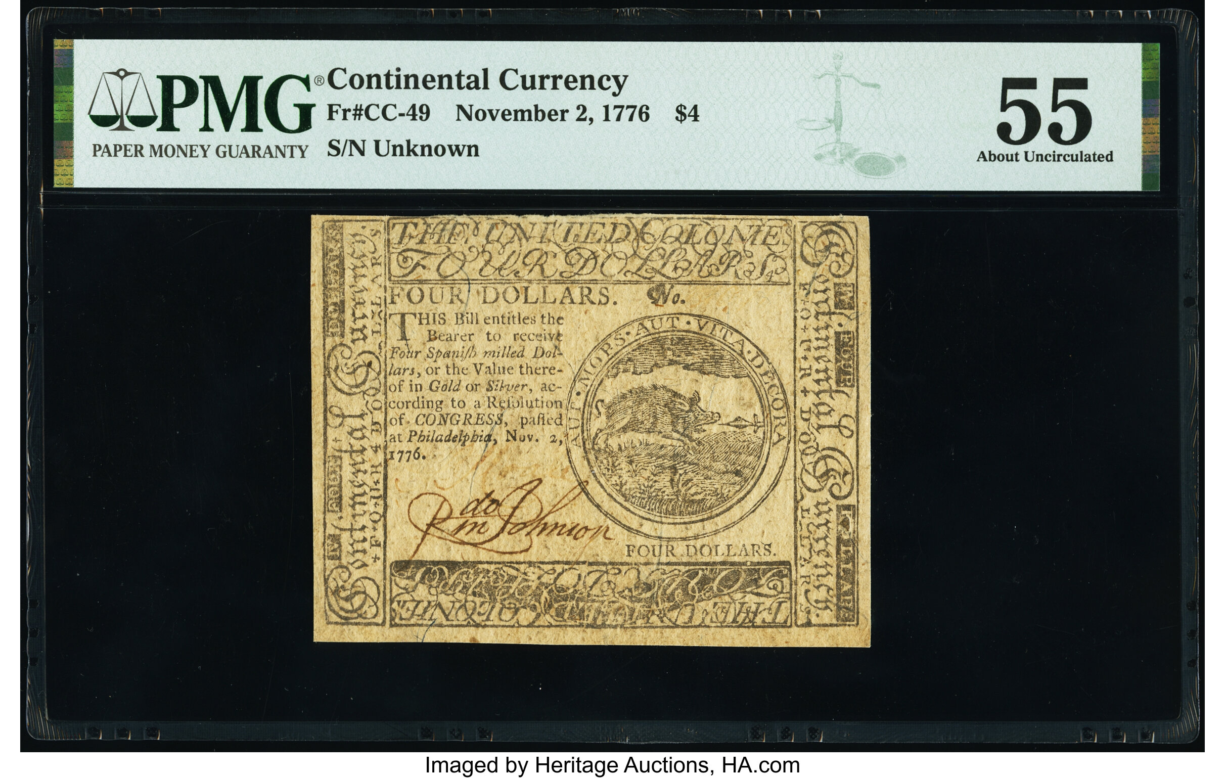 image for: Continental Currency November 2, 1776 $4 PMG About Uncirculated 55....