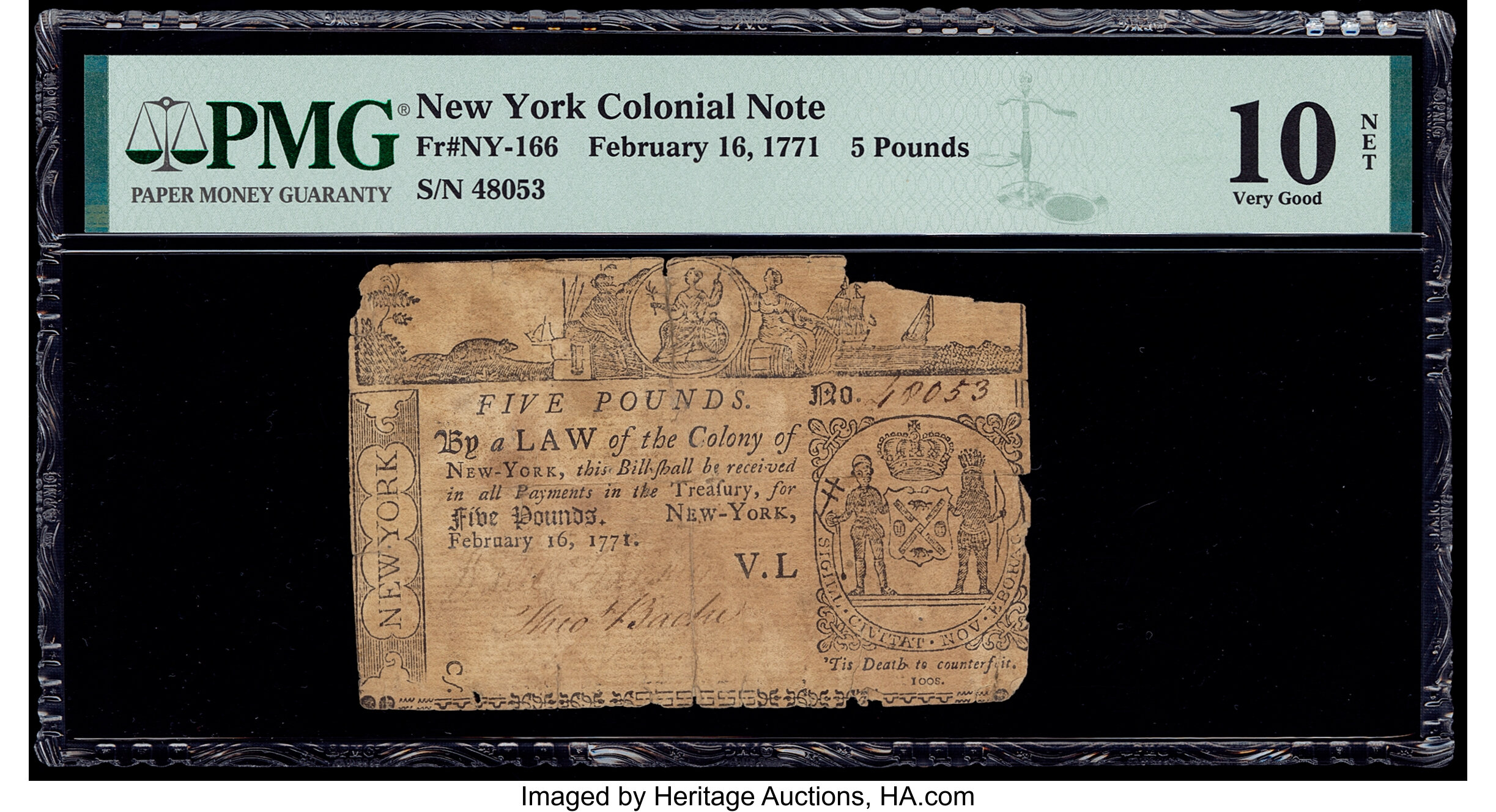 image for: New York February 16, 1771 £5 PMG Very Good 10 Net....