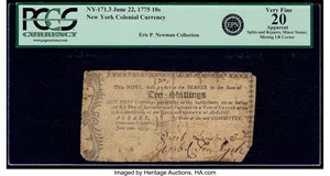 image for: New York, NY City and County of Albany June 22, 1775 10s PCGS Apparent Very Fine 20....