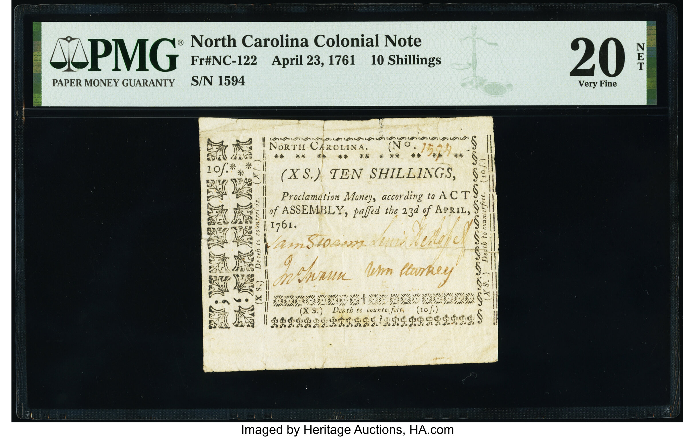 image for: North Carolina April 23, 1761 10s PMG Very Fine 20 Net....