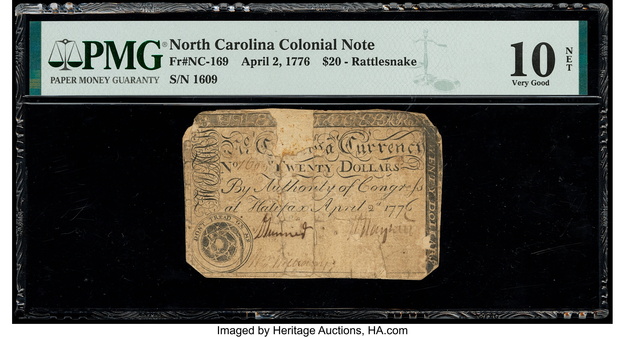 image for: North Carolina April 2, 1776 $20 Rattlesnake PMG Very Good 10 Net....