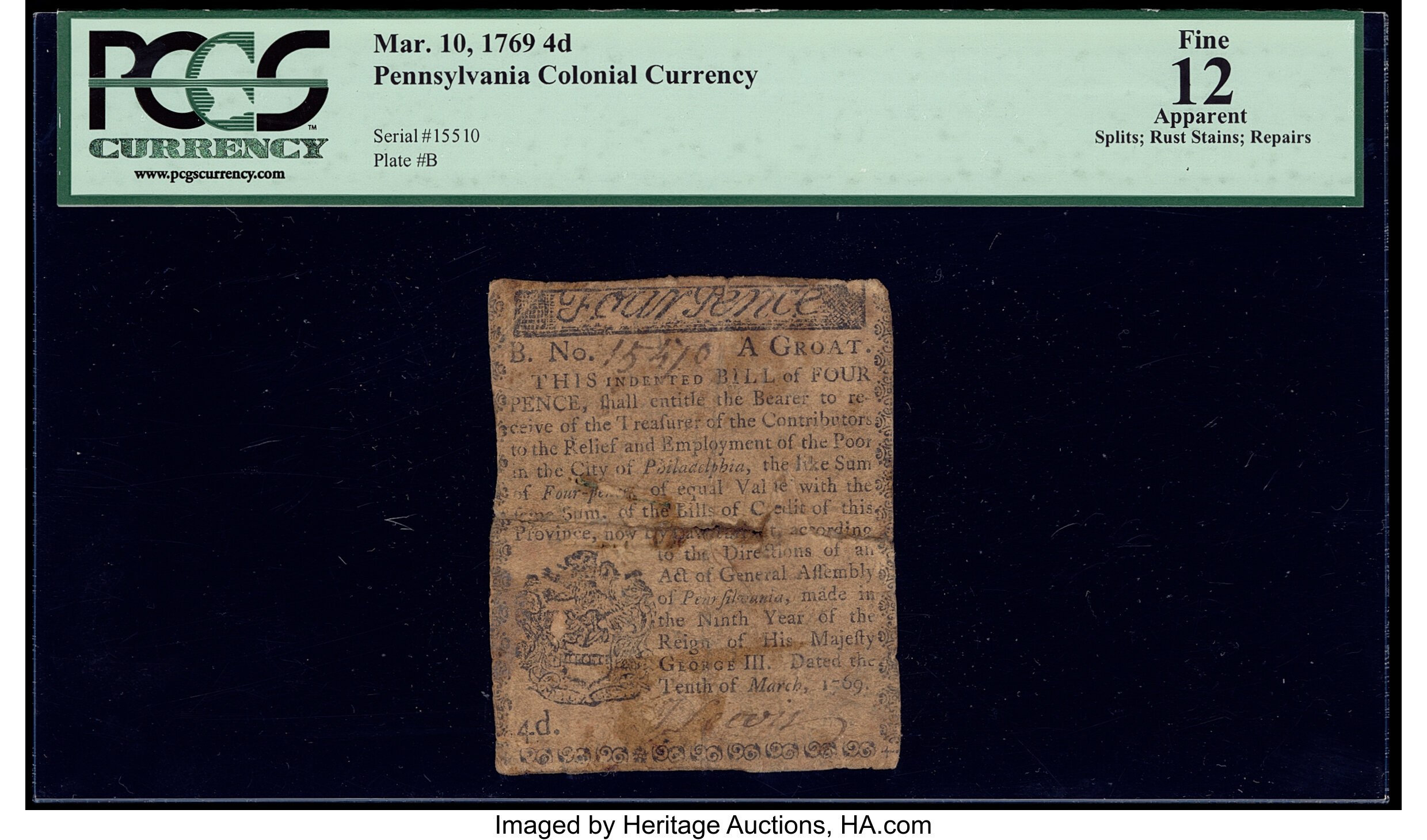 image for: Pennsylvania March 10, 1769 4d PCGS Apparent Fine 12....