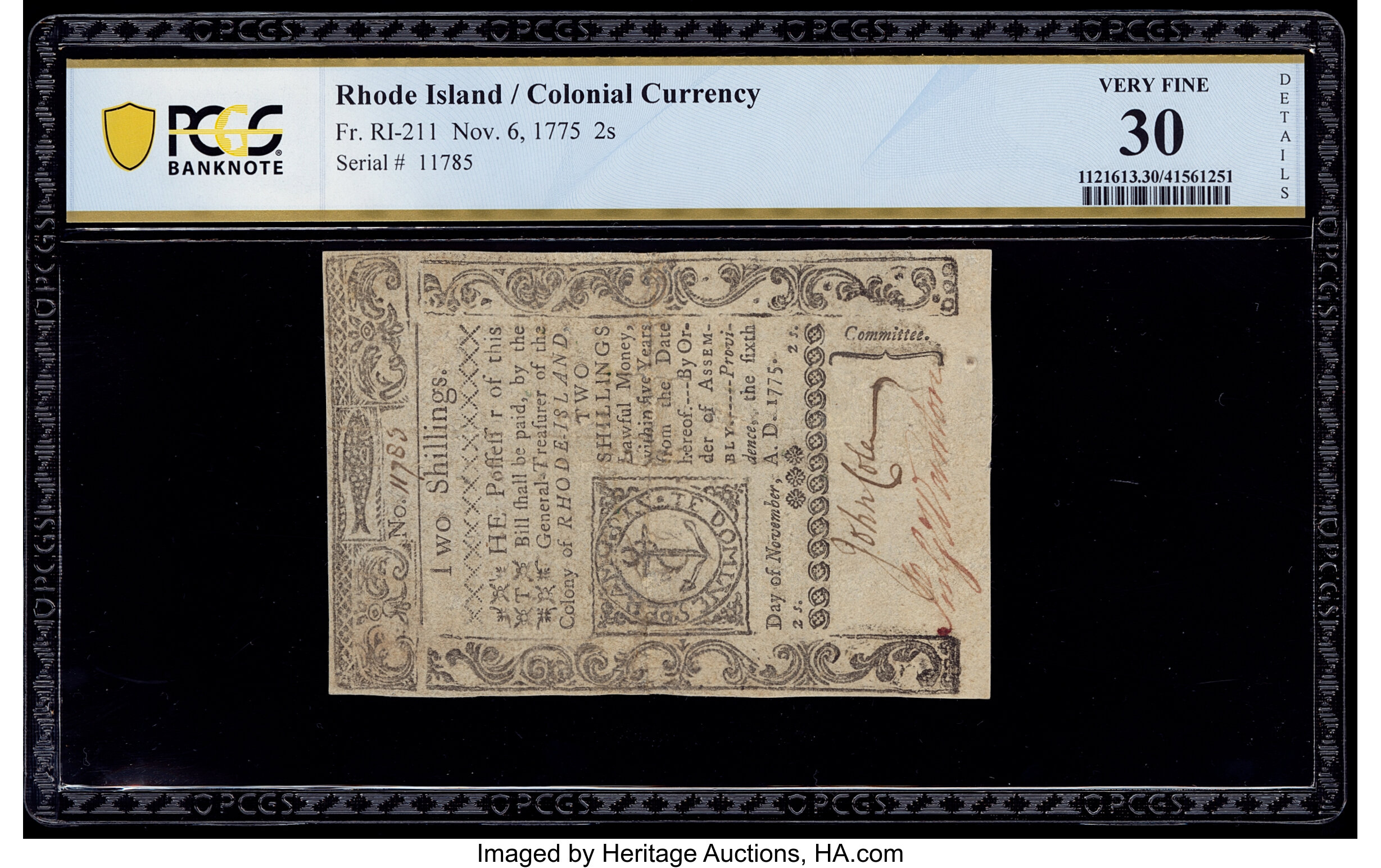 image for: Rhode Island November 6, 1775 2s PCGS Banknote Very Fine 30 Details....