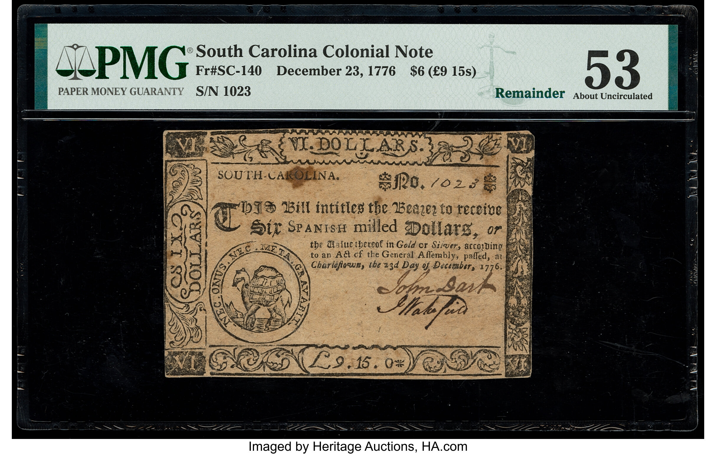 image for: South Carolina December 23, 1776 $6 Remainder PMG About Uncirculated 53....