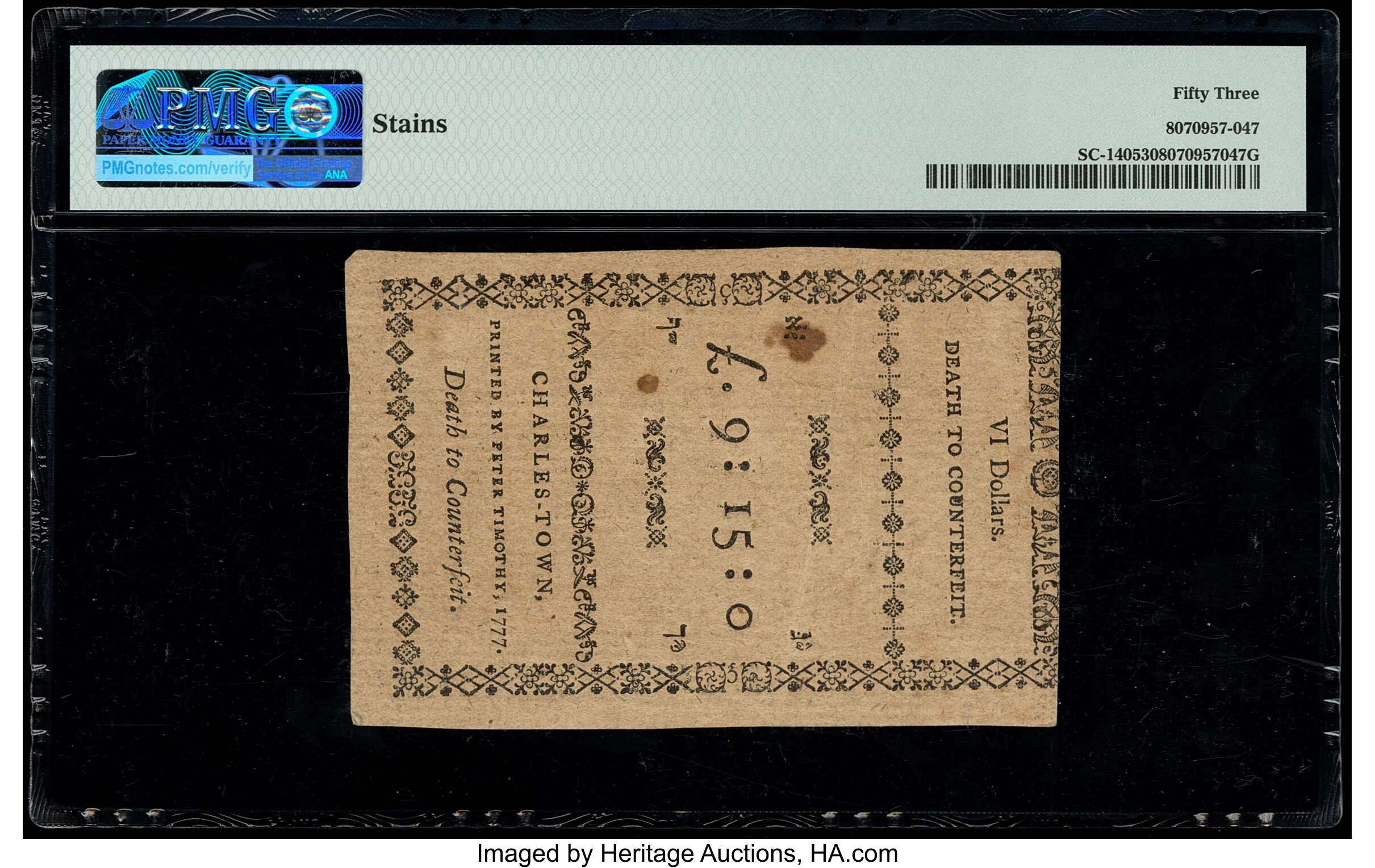 image for: South Carolina December 23, 1776 $6 Remainder PMG About Uncirculated 53....