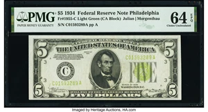 image for: Fr. 1955-C $5 1934 Federal Reserve Note. PMG Choice Uncirculated 64 EPQ....