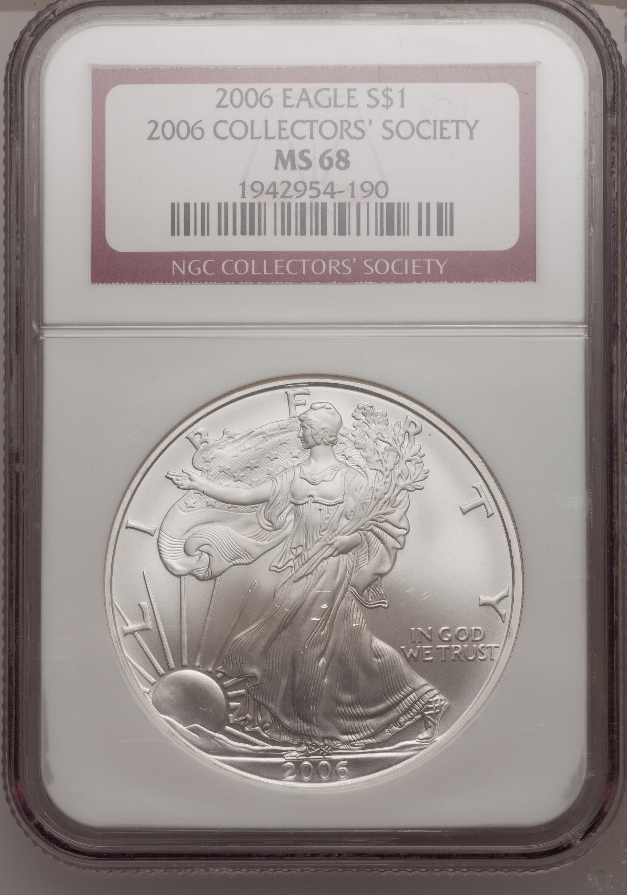 2006 $1 Silver Eagle MS68 NGC. EX: 2006 Collectors' Society. NGC Census: (0/0). PCGS Population (240/4903). Numismedia Wsl...