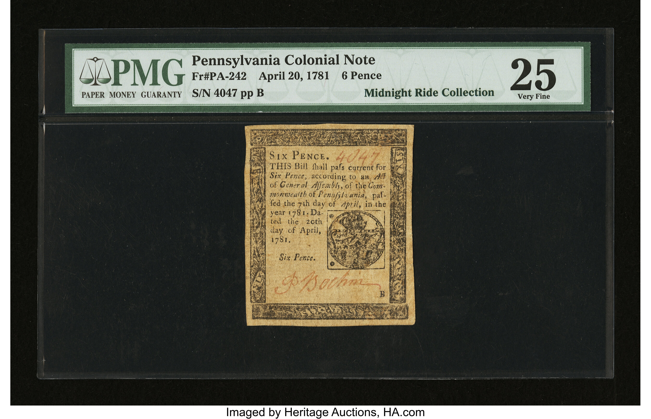image for: Pennsylvania April 20, 1781 6d PMG Very Fine 25....