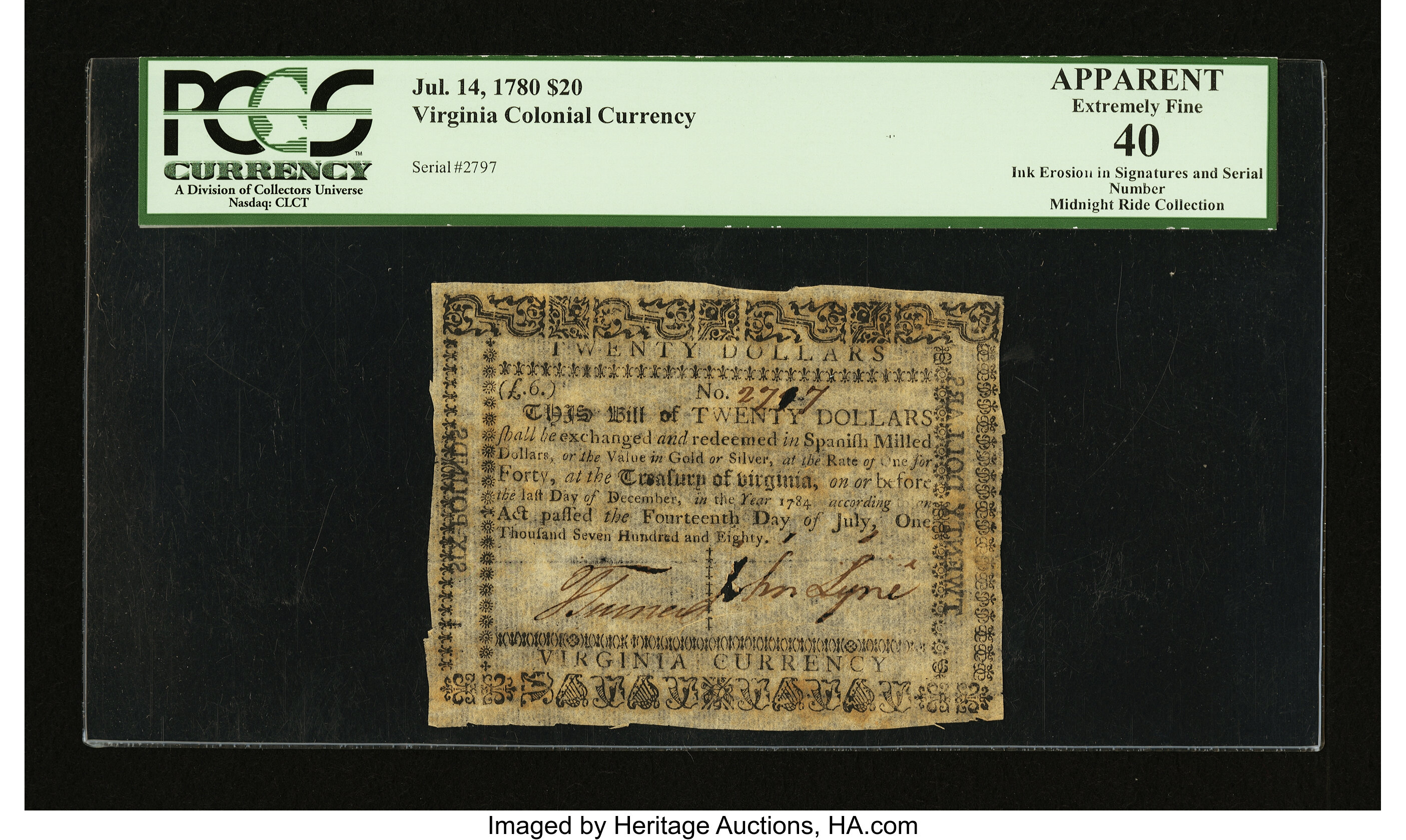 image for: Virginia July 14, 1780 $20 PCGS Apparent Extremely Fine 40....