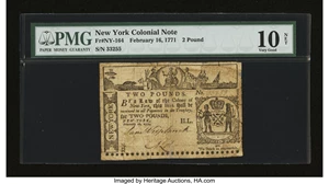 image for: New York February 16, 1771 £2 PMG Very Good 10 Net....
