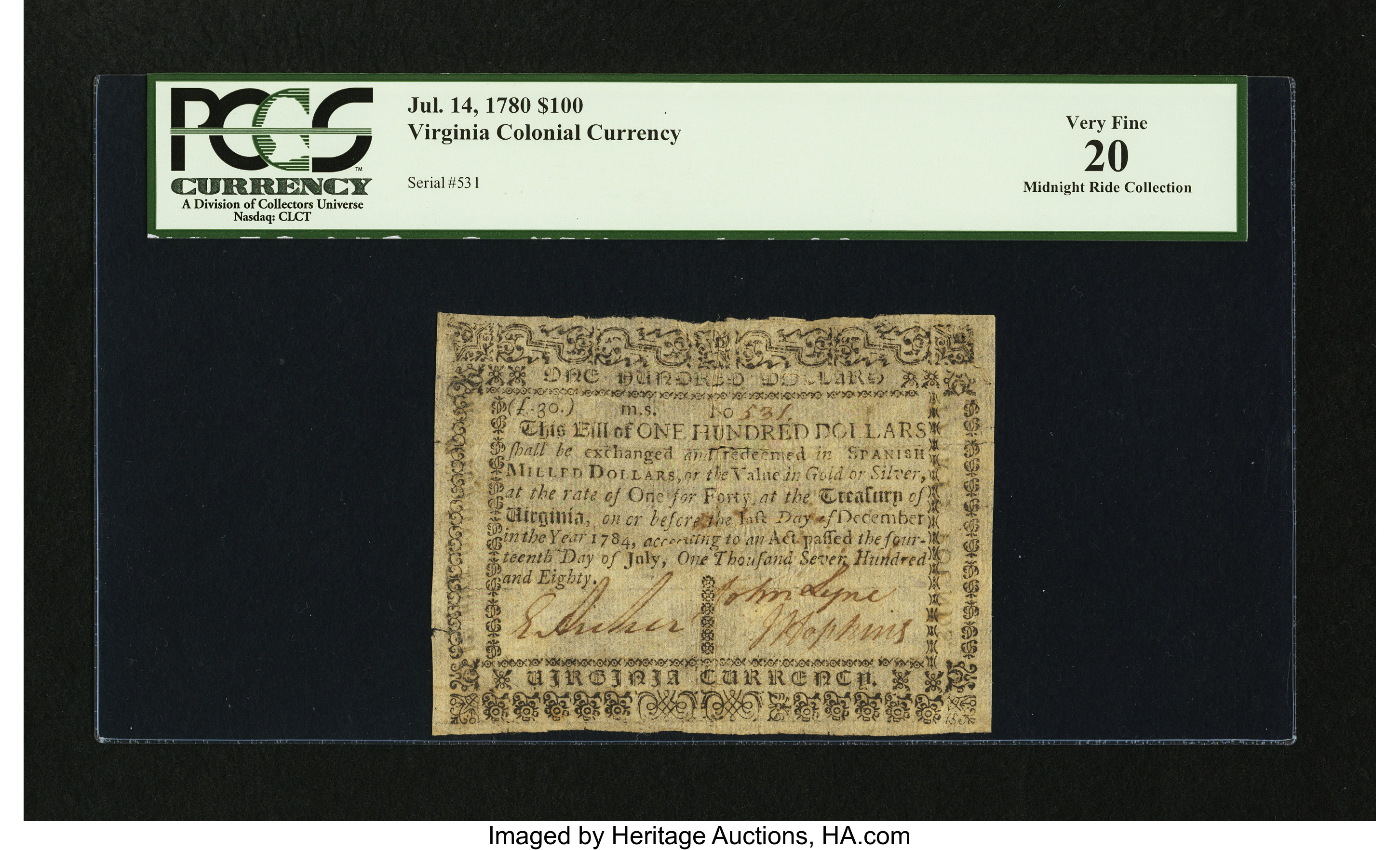 image for: Virginia July 14, 1780 $100 PMG Very Fine 20....