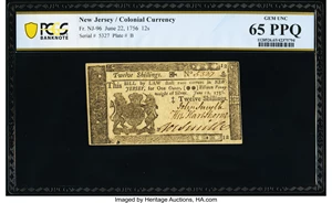 image for: New Jersey June 22, 1756 12s PCGS Banknote Gem Unc 65 PPQ....
