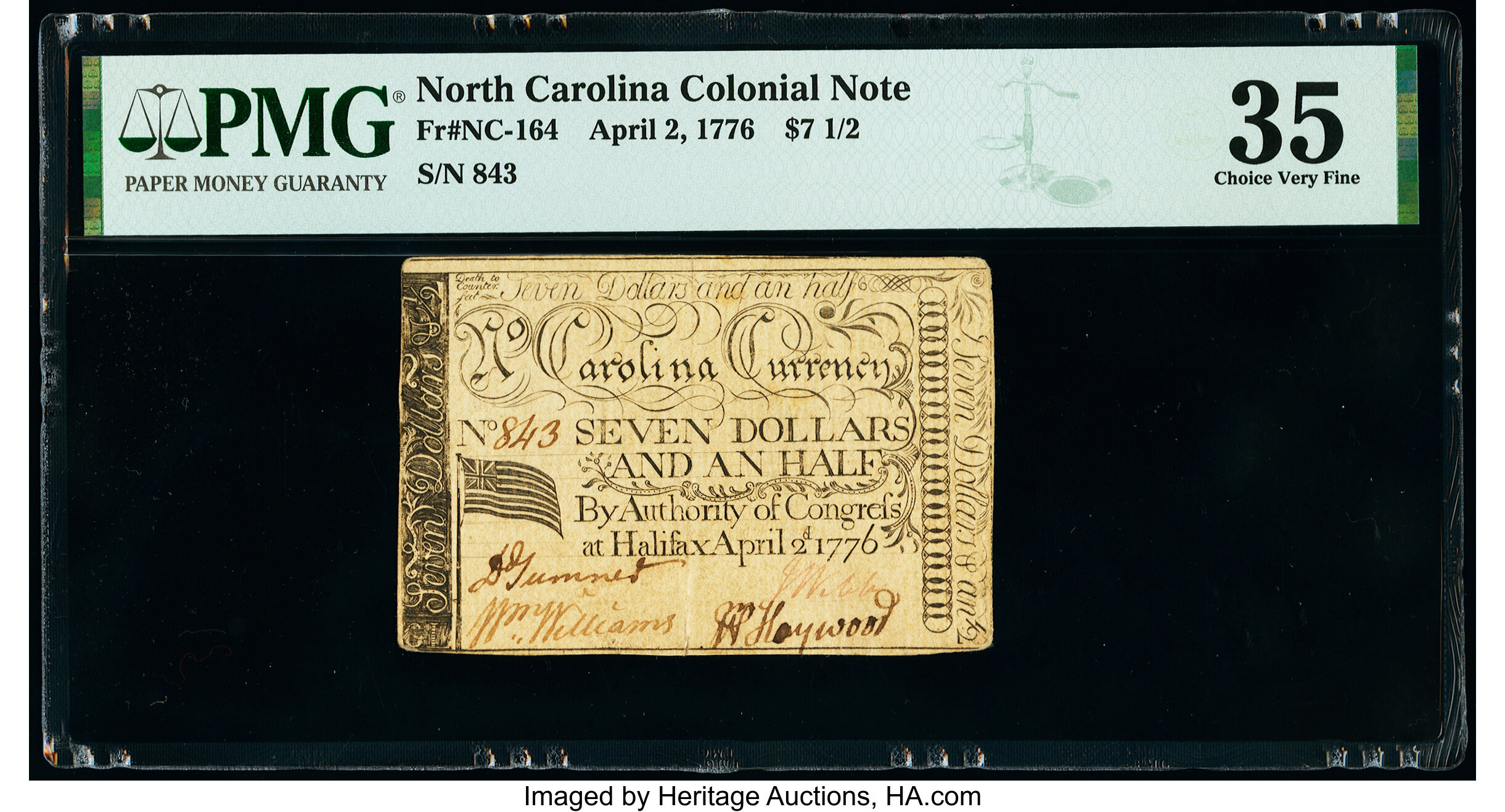 image for: North Carolina April 2, 1776 $7 1/2 U.S. Flag with thirteen stripes and Union Jack PMG Choice Very Fine 35....