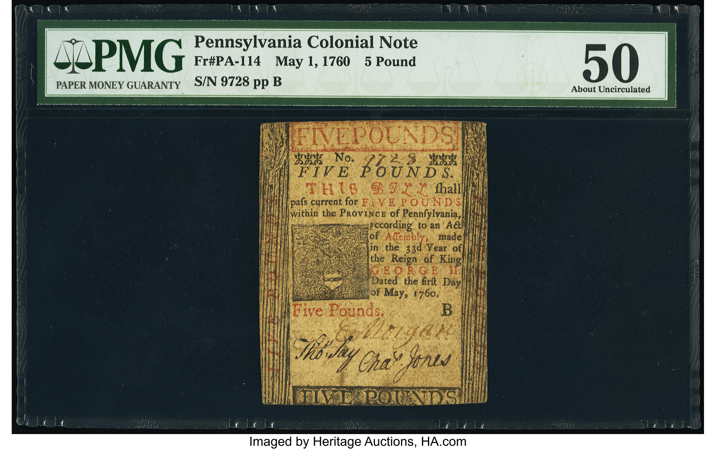 image for: Pennsylvania May 1, 1760 £5 PMG About Uncirculated 50....
