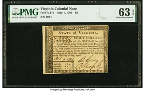 image for: Virginia May 1, 1780 $8 PMG Choice Uncirculated 63 EPQ....