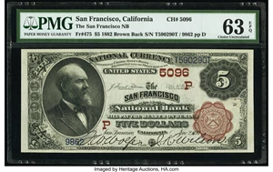 image for: San Francisco, CA - $5 1882 Brown Back Fr. 475 The San Francisco National Bank Ch. # (P)5096 PMG Choice Uncirculated 6...