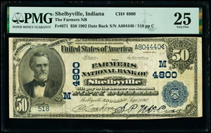 image for: Shelbyville, IN - $50 1902 Date Back Fr. 671 The Farmers National Bank Ch. # (M)4800 PMG Very Fine 25....
