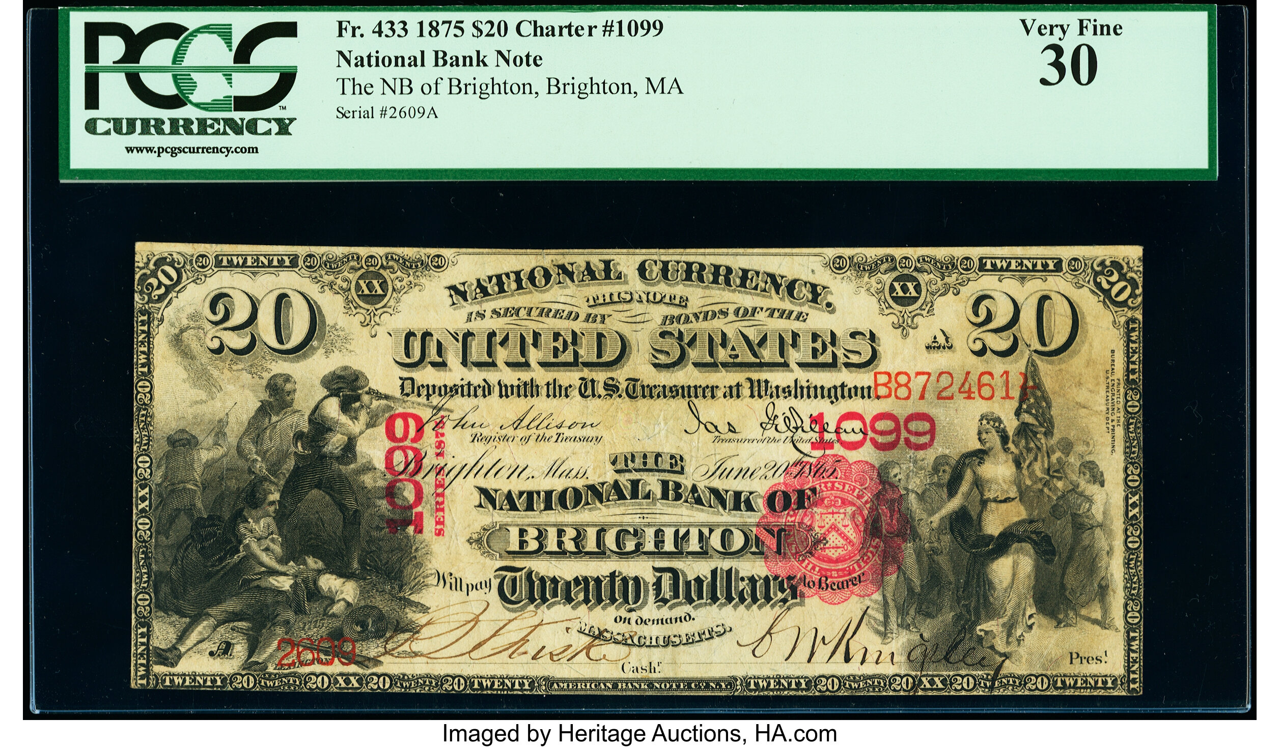 image for: Brighton, MA - $20 1875 Fr. 433 The National Bank of Brighton Ch. # 1099 PCGS Very Fine 30....
