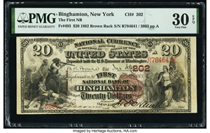 image for: Binghamton, NY - $20 1882 Brown Back Fr. 493 The First National Bank Ch. # 202 PMG Very Fine 30 EPQ....