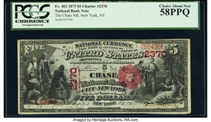 image for: New York, NY - $5 1875 Fr. 403 The Chase National Bank Ch. # 2370 PCGS Choice About New 58PPQ....