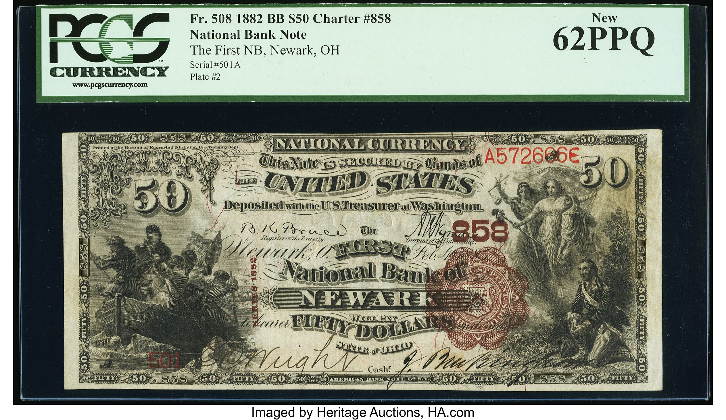image for: Newark, OH - $50 1882 Brown Back Fr. 508 The First National Bank Ch. # 858 PCGS New 62PPQ....