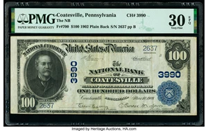 image for: Coatesville, PA - $100 1902 Plain Back Fr. 700 The National Bank of Coatesville Ch. # 3990 PMG Very Fine 30 EPQ....