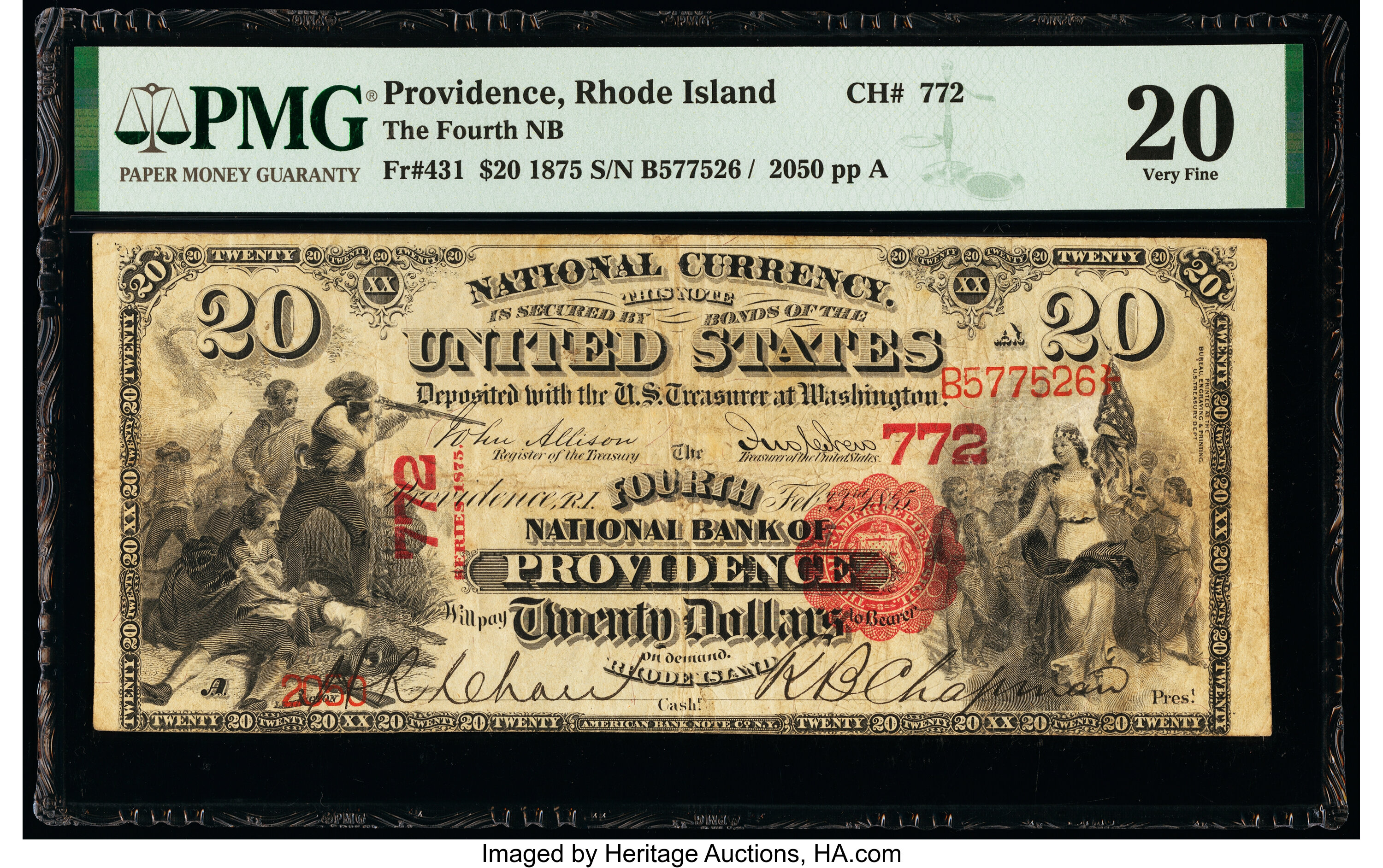 image for: Providence, RI - $20 1875 Fr. 431 The Fourth National Bank Ch. # 772 PMG Very Fine 20....