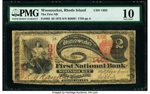 image for: Woonsocket, RI - $2 1875 Fr. 392 The First National Bank Ch. # 1402 PMG Very Good 10....