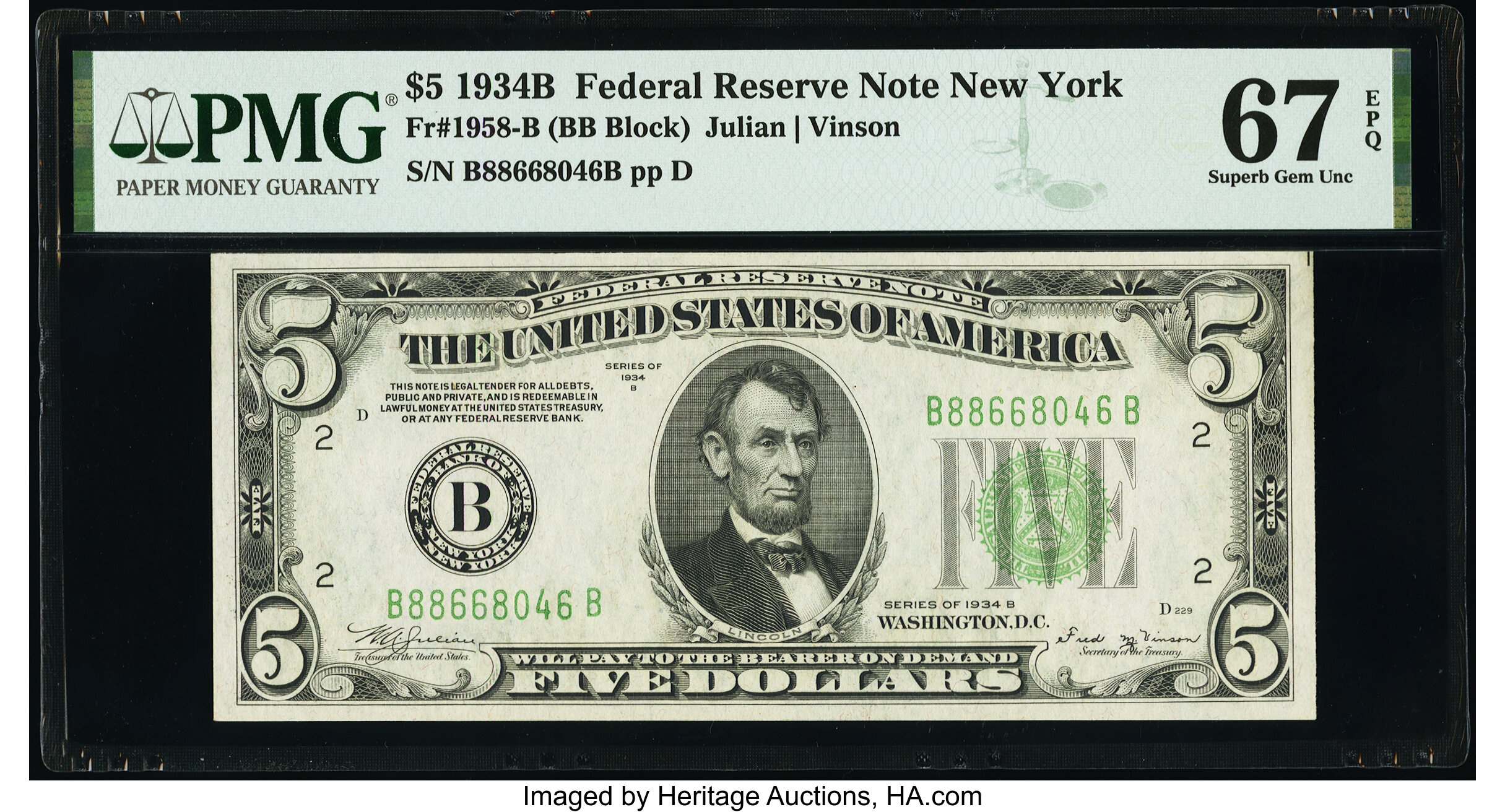 image for: Fr. 1958-B $5 1934B Federal Reserve Note. PMG Superb Gem Unc 67 EPQ....