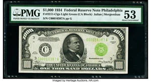 image for: Fr. 2211-C $1,000 1934 Light Green Seal Federal Reserve Note. PMG About Uncirculated 53....