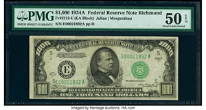 image for: Fr. 2212-E $1,000 1934A Federal Reserve Note. PMG About Uncirculated 50 EPQ....