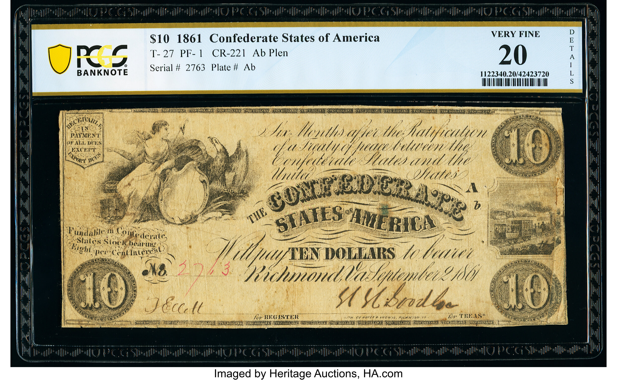 image for: T27 $10 1861 PCGS Banknote PF-1 Cr. 221 Very Fine 20 Details....