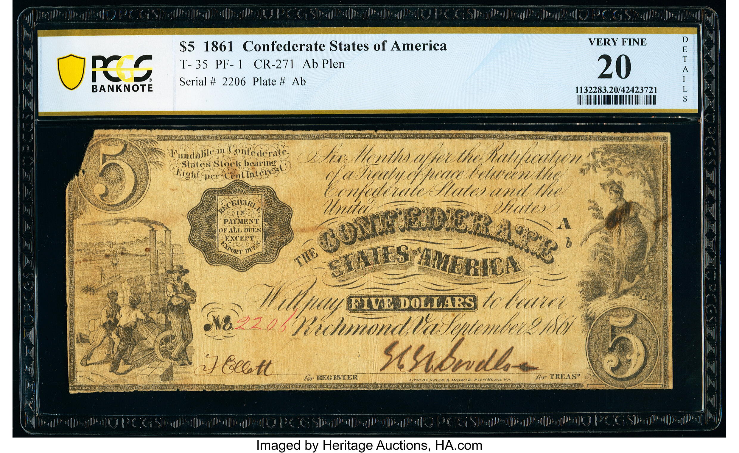 image for: T35 $5 1861 PF-1 Cr. 271 PCGS Banknote Very Fine 20 Details....
