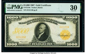 image for: Fr. 1219e $1,000 1907 Gold Certificate PMG Very Fine 30....
