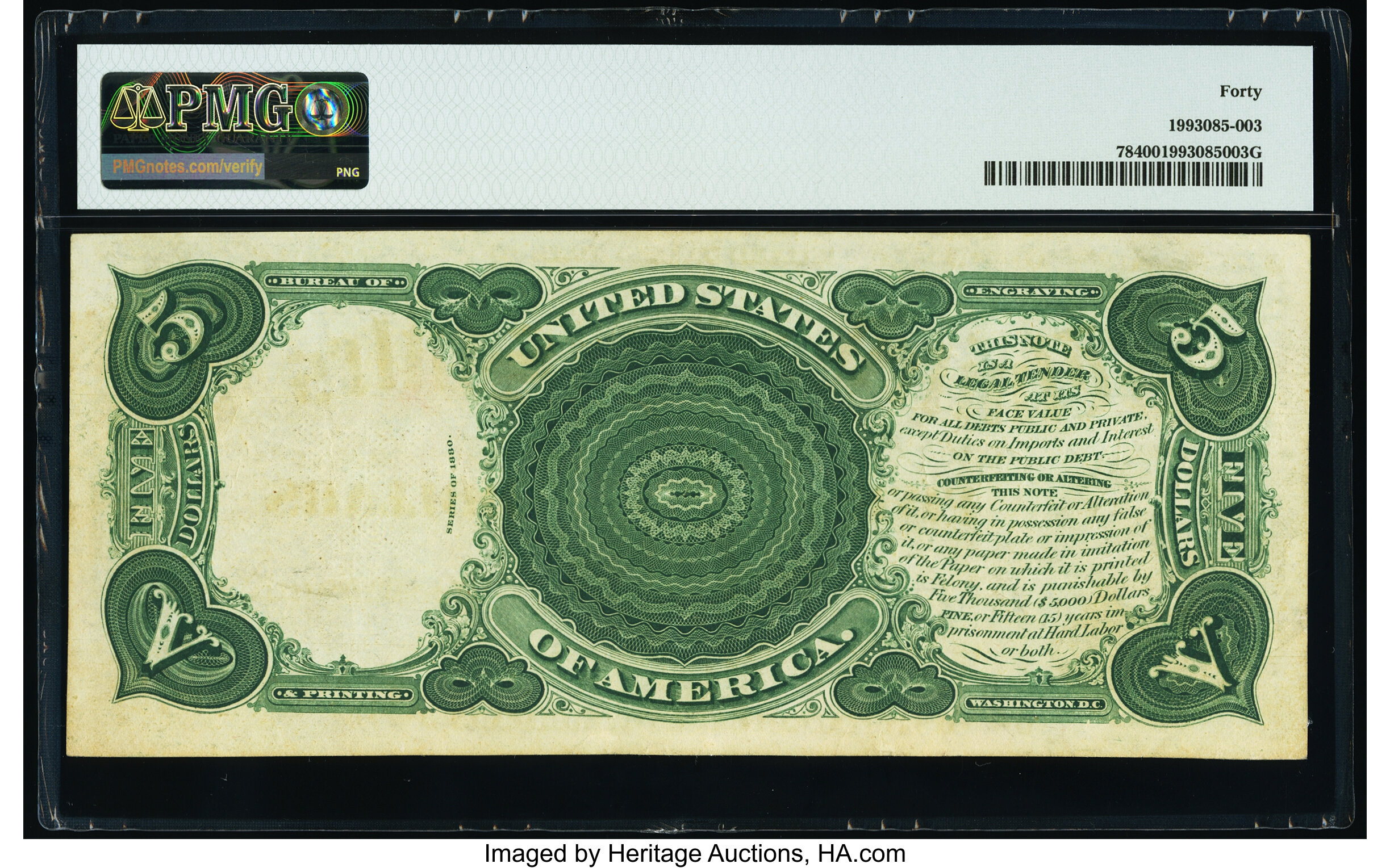 image for: Fr. 78 $5 1880 Legal Tender PMG Extremely Fine 40....