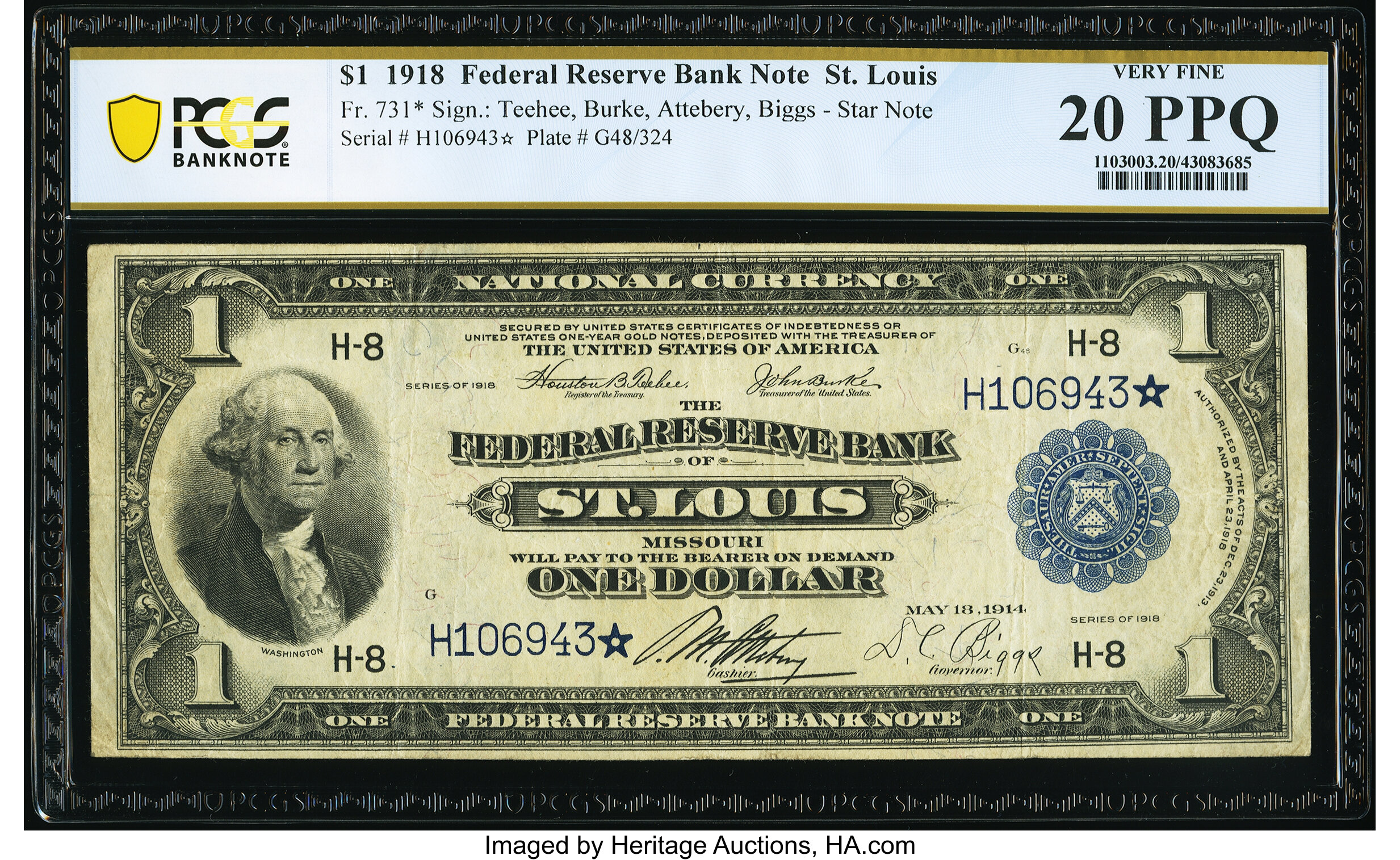 image for: Fr. 731* $1 1918 Federal Reserve Bank Star Note PCGS Banknote Very Fine 20 PPQ....