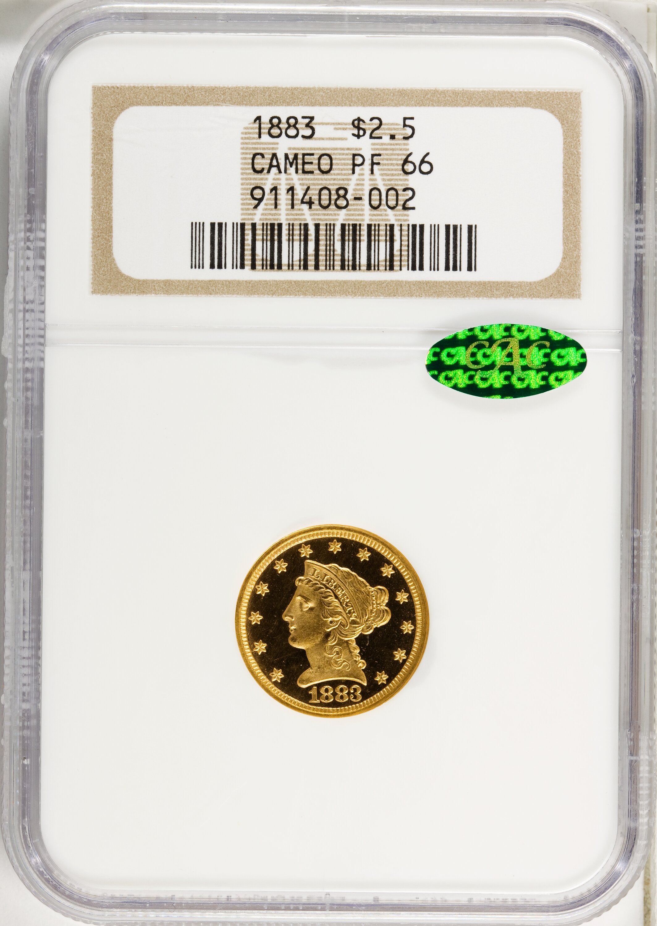 image for: 1883 $2 1/2 PR66 Cameo NGC. CAC....