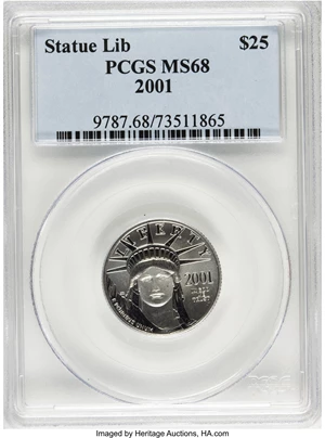 image for: 2001 P$25 Quarter-Ounce Platinum Eagle MS68 PCGS. PCGS Population (94/1140). NGC Census: (95/1406). Mintage: 21,815. Numism...