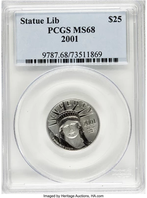 image for: 2001 P$25 Quarter-Ounce Platinum Eagle MS68 PCGS. PCGS Population (94/1140). NGC Census: (95/1406). Mintage: 21,815. Numism...