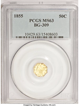 image for: 1855 50C Liberty Octagonal 50 Cents, BG-309, R.5, MS63 PCGS. PCGS Population (7/2). NGC Census: (1/0). (#10429)...