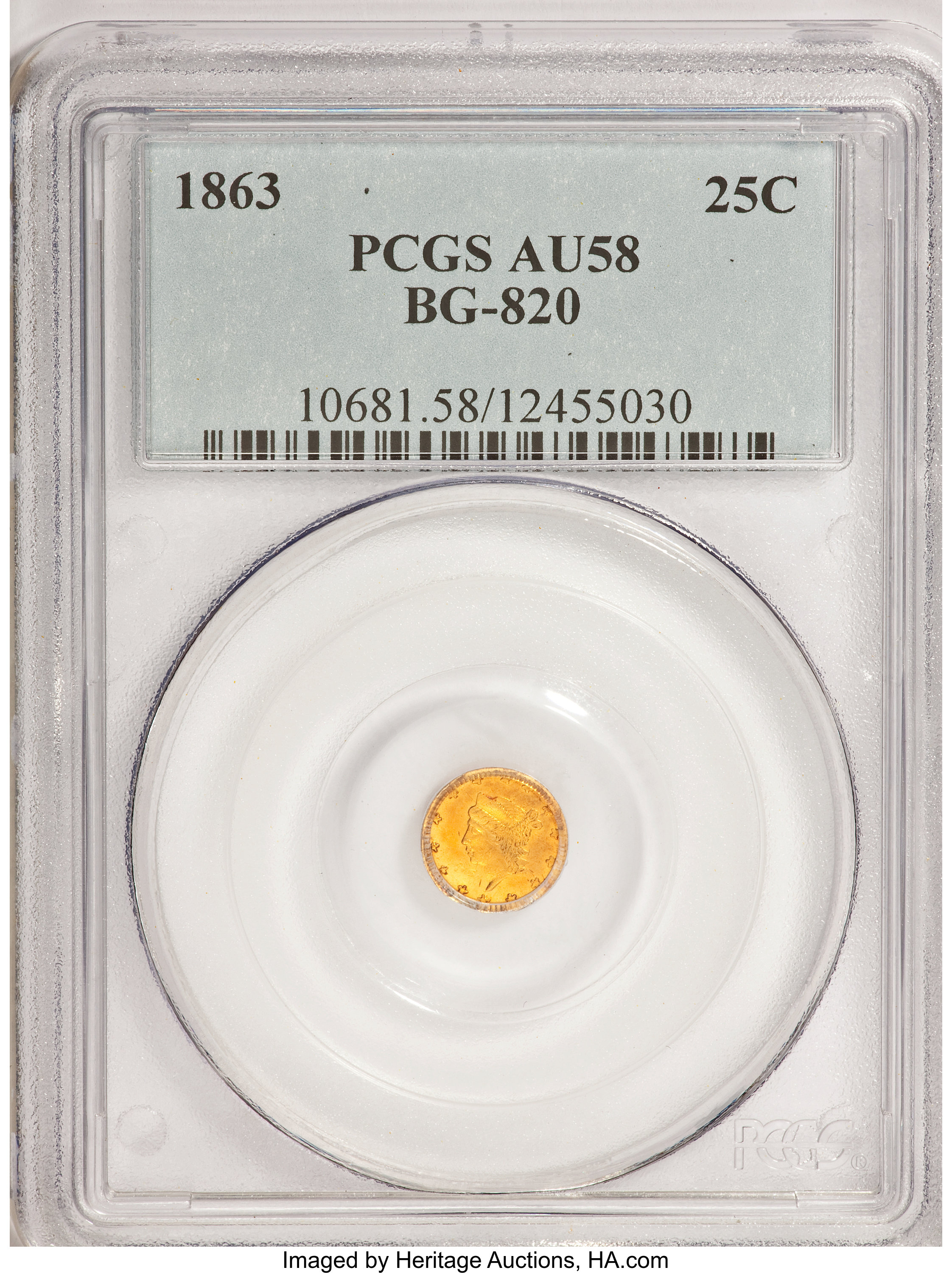 image for: 1863 25C Liberty Round 25 Cents, BG-820, R.5, AU58 PCGS. PCGS Population (6/17). NGC Census: (1/3).   (#10681)...