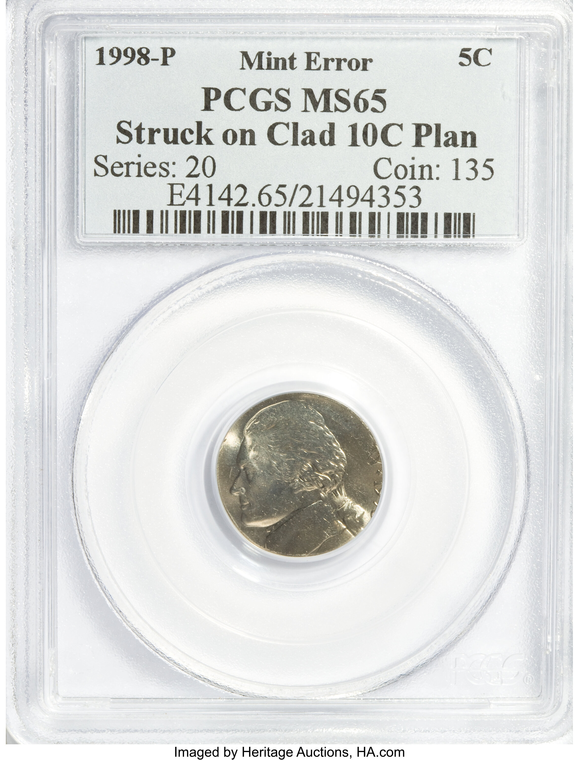 image for: 1998-P 5C Jefferson Nickel--Struck on Clad 10C Plan--MS65 PCGS....