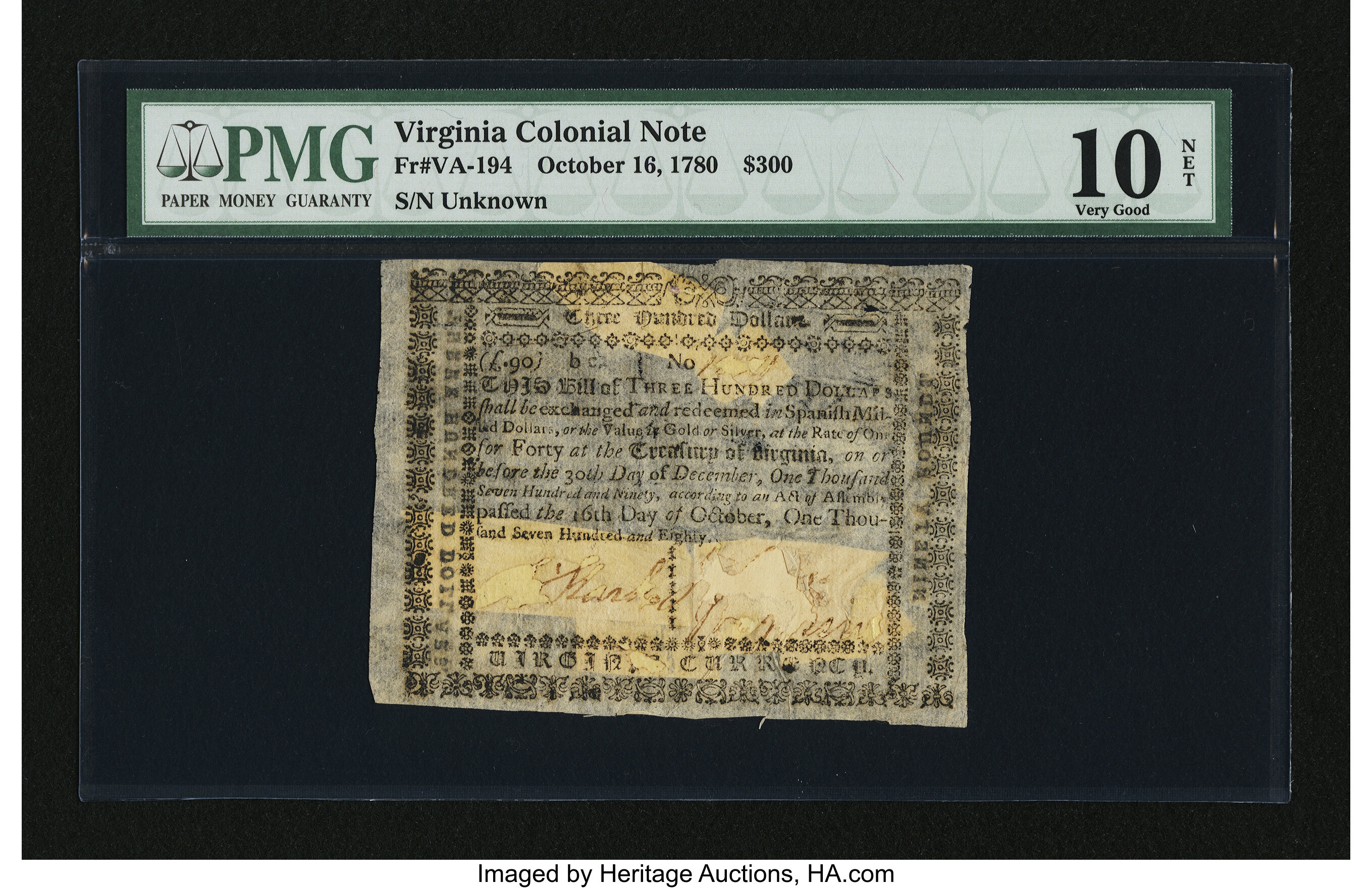 image for: Virginia October 16, 1780 $300 PMG Very Good 10 Net....