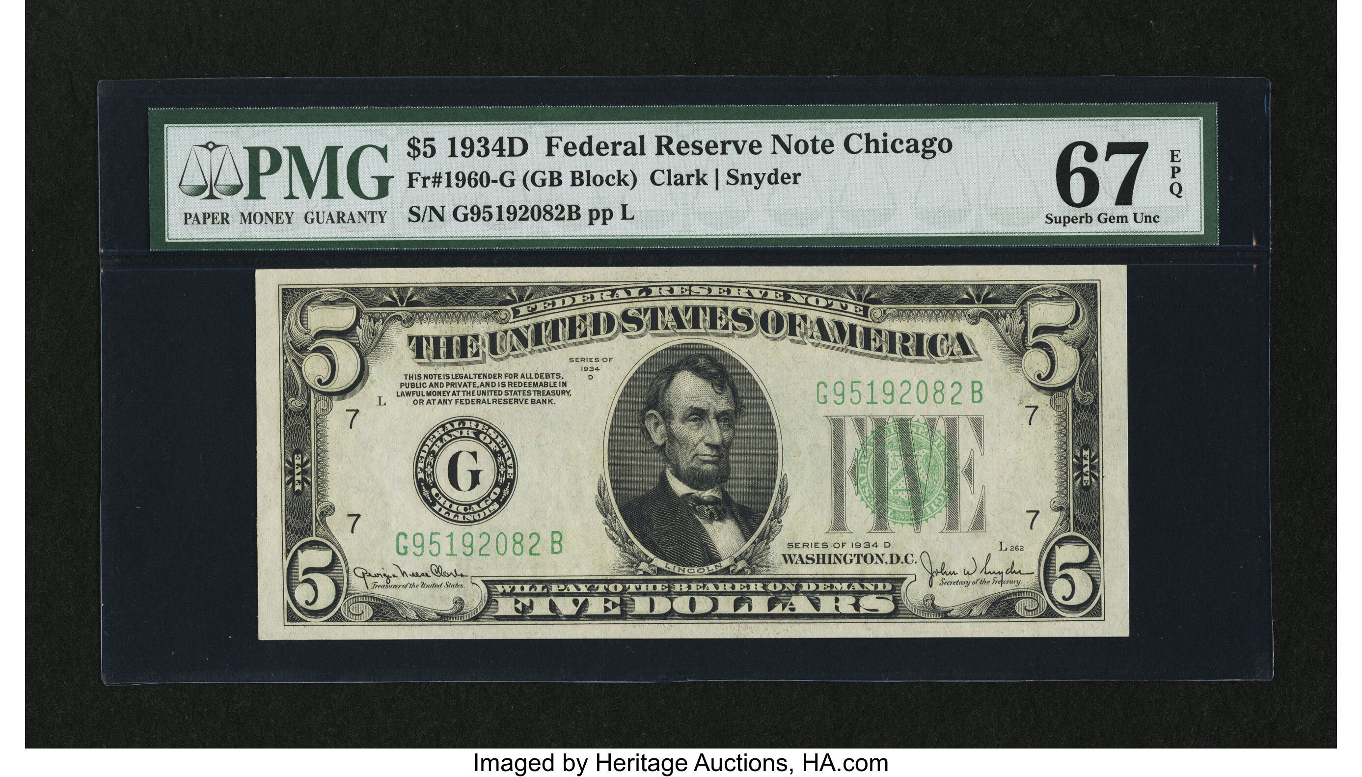 image for: Fr. 1960-G $5 1934D Federal Reserve Note. PMG Superb Gem Unc 67 EPQ....