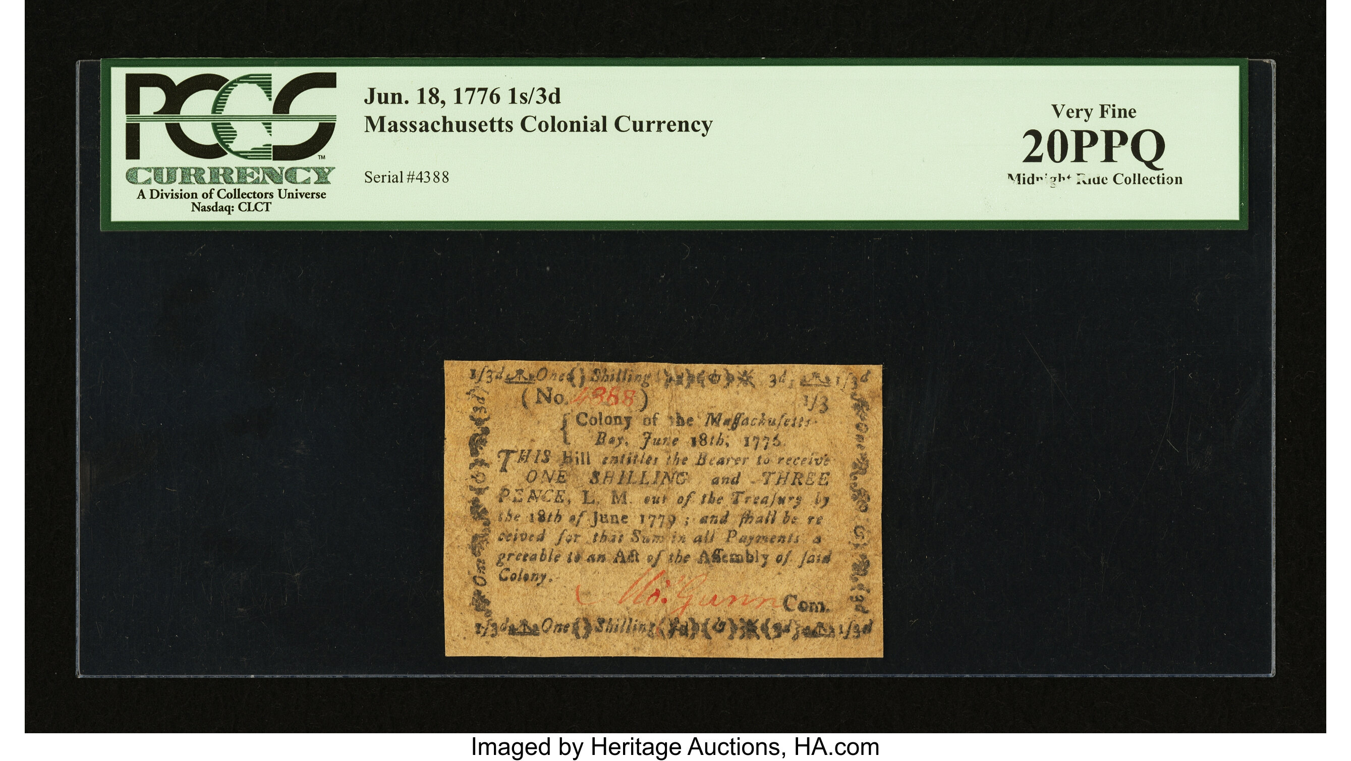 image for: Massachusetts June 18, 1776 1s/3d PCGS Very Fine 20PPQ....