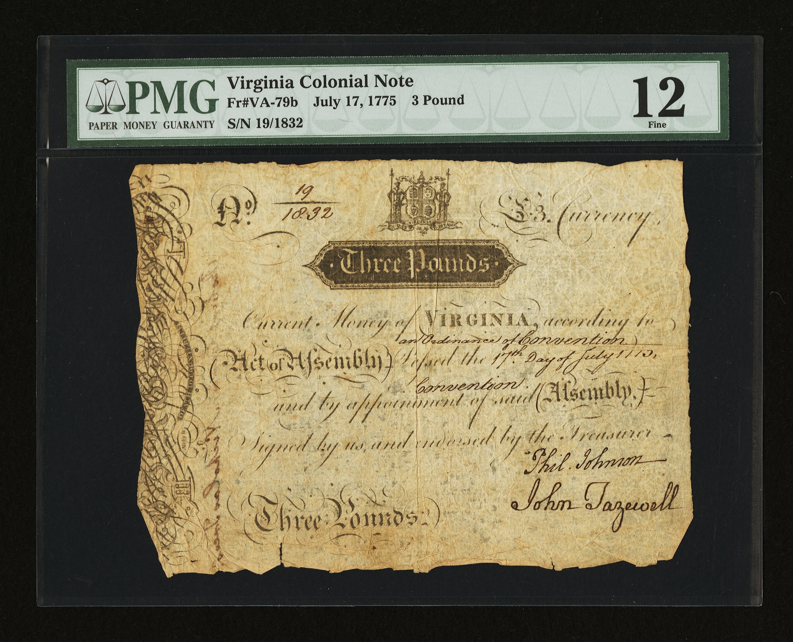 image for: Virginia July 17, 1775 £3 PMG Fine 12....