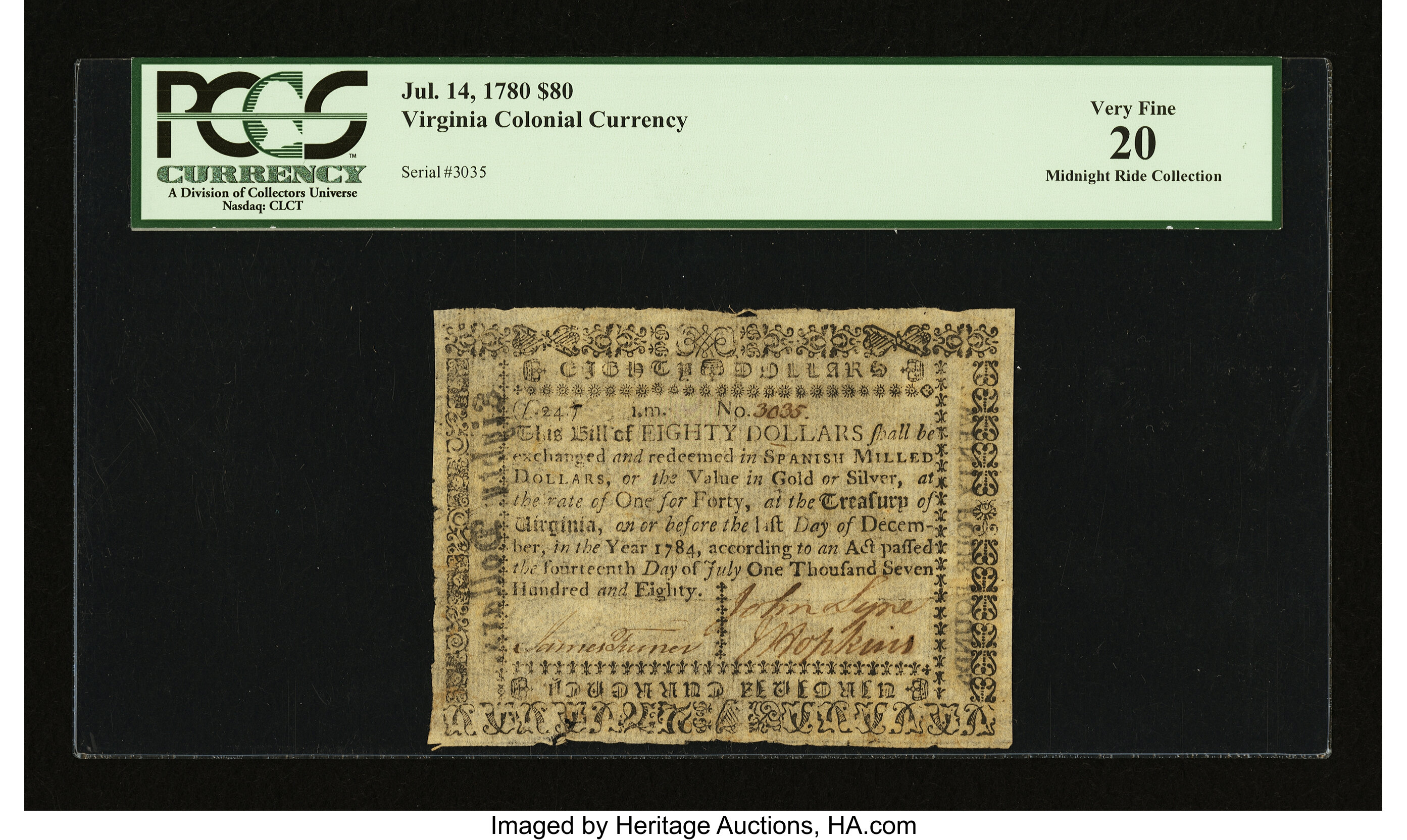 image for: Virginia July 14, 1780 $80 PCGS Very Fine 20....