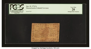 image for: Massachusetts June 18, 1776 5s PCGS Very Fine 20....