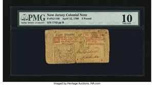 image for: New Jersey April 12, 1760 £3 PMG Very Good 10....