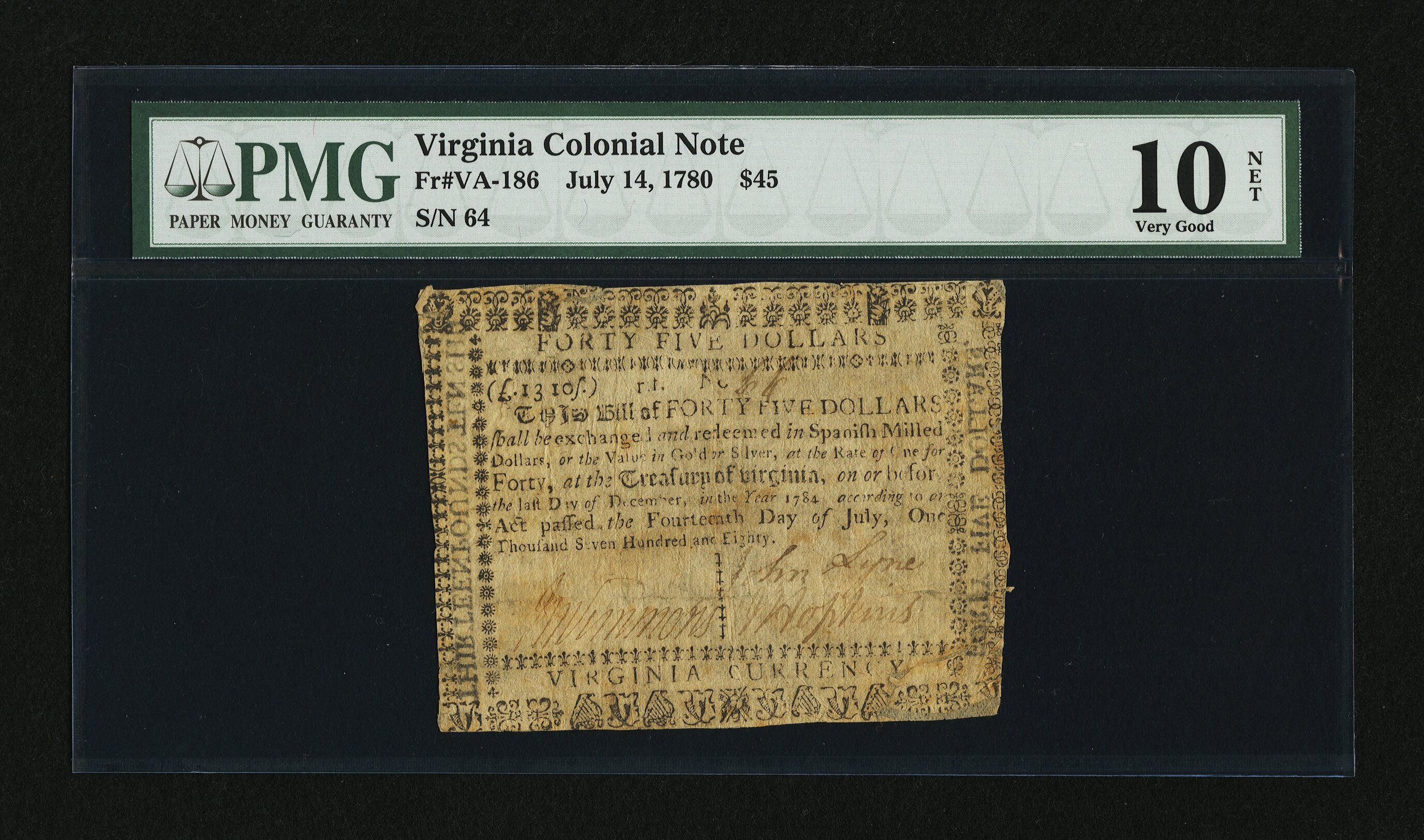image for: Virginia July 14, 1780 $45 PMG Very Good 10 Net....